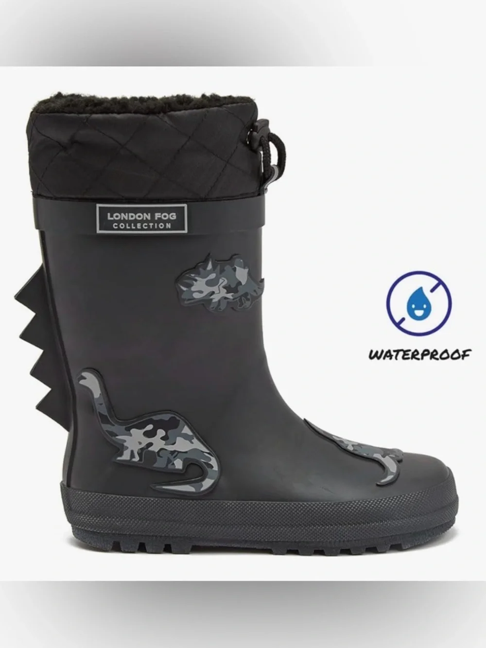 London Fog Black Quilted Cuff Kids' Dino Rain Boot